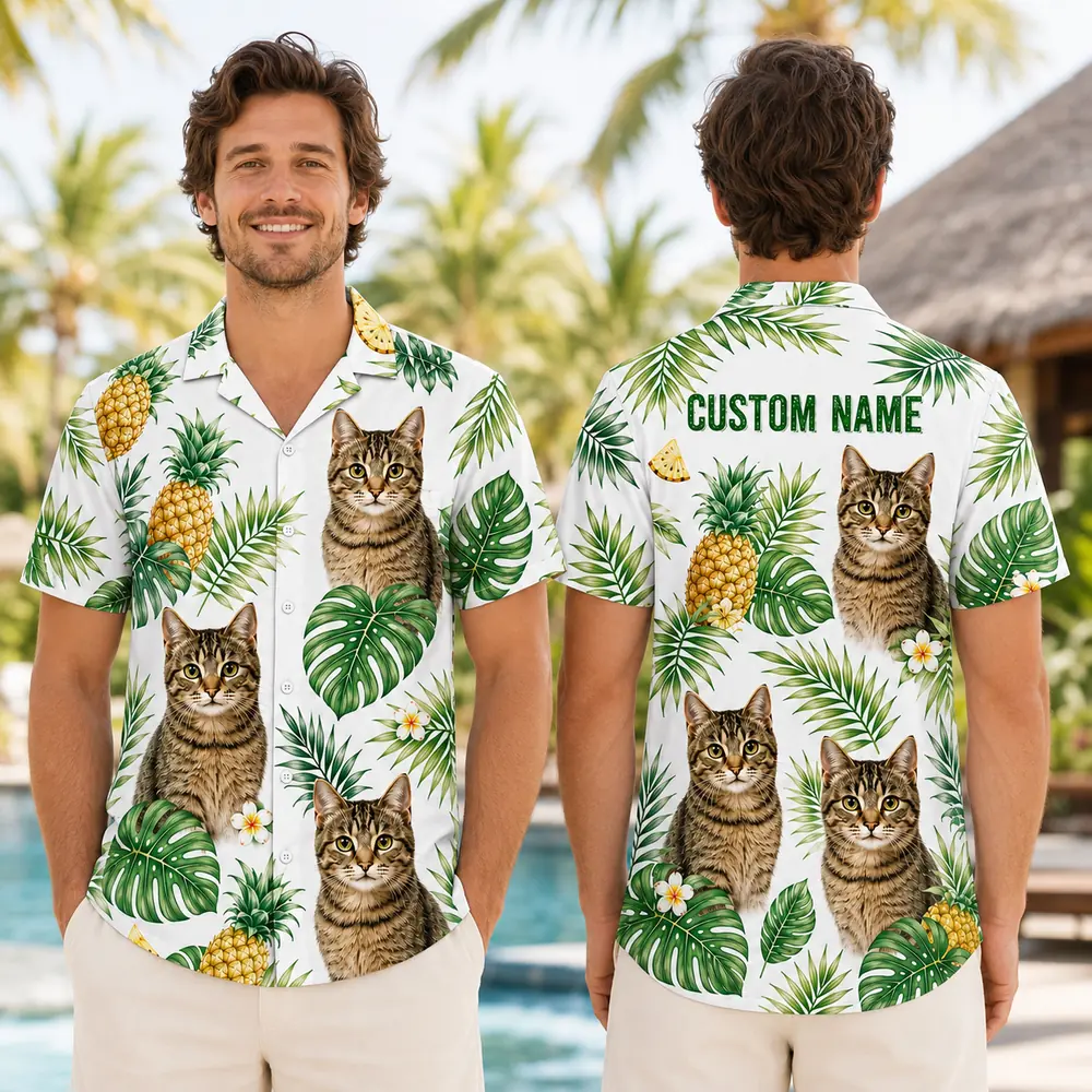 Personalized Cute Cat Tropical Hawaiian Shirt For Men And Women, Short Sleeve Funny Pet Lover Summer Print, Custom Name Button Down - View 1