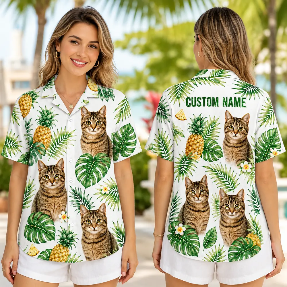 Personalized Cute Cat Tropical Hawaiian Shirt For Men And Women, Short Sleeve Funny Pet Lover Summer Print, Custom Name Button Down - View 2