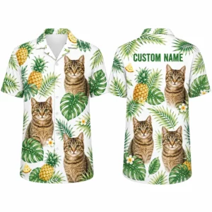 Personalized Cute Cat Tropical Hawaiian Shirt For Men And Women, Short Sleeve Funny Pet Lover Summer Print, Custom Name Button Down