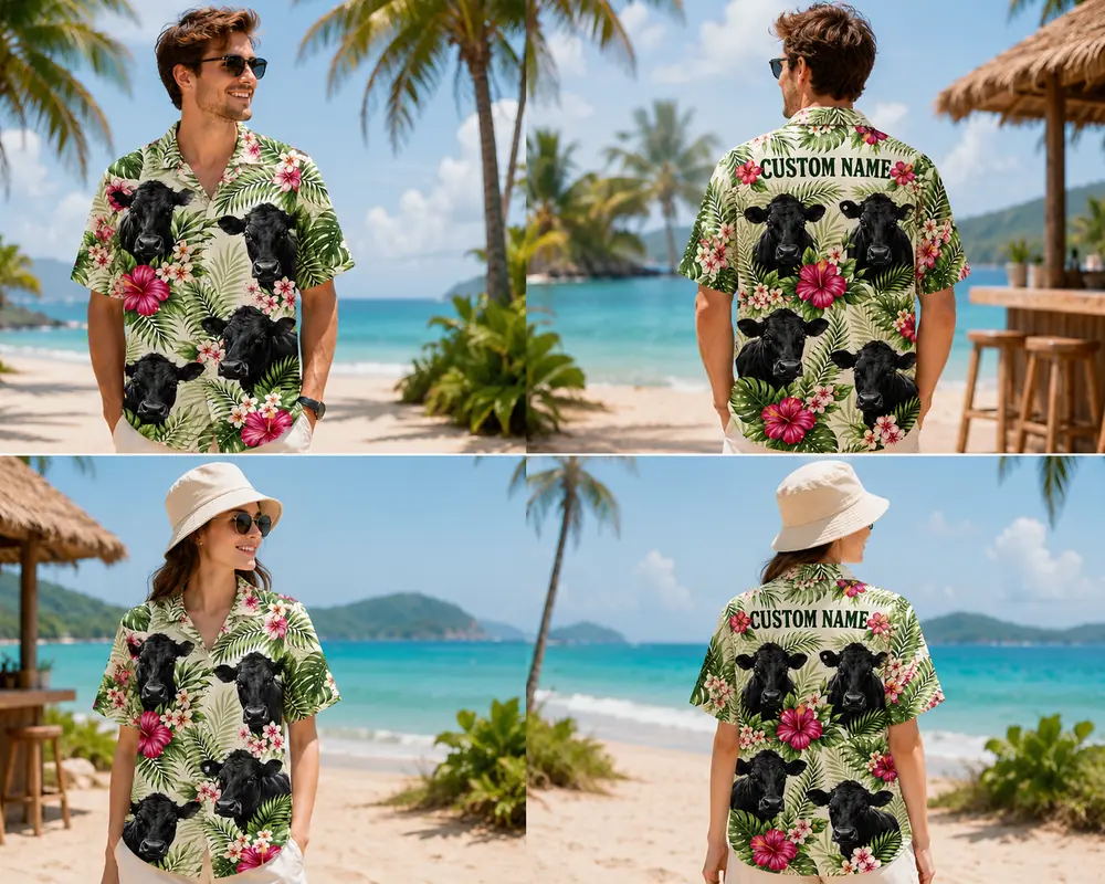 Personalized Cute Cow Floral Hawaiian Shirt For Men And Women, Short Sleeve Funny Farm Animal Island Vacation Print, Custom Name Summer Button Down - View 1