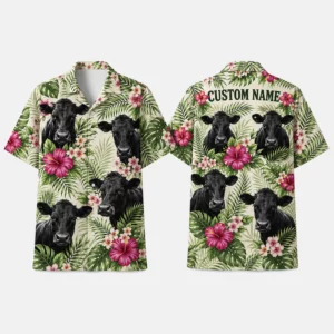 Personalized Cute Cow Floral Hawaiian Shirt For Men And Women, Short Sleeve Funny Farm Animal Island Vacation Print, Custom Name Summer Button Down