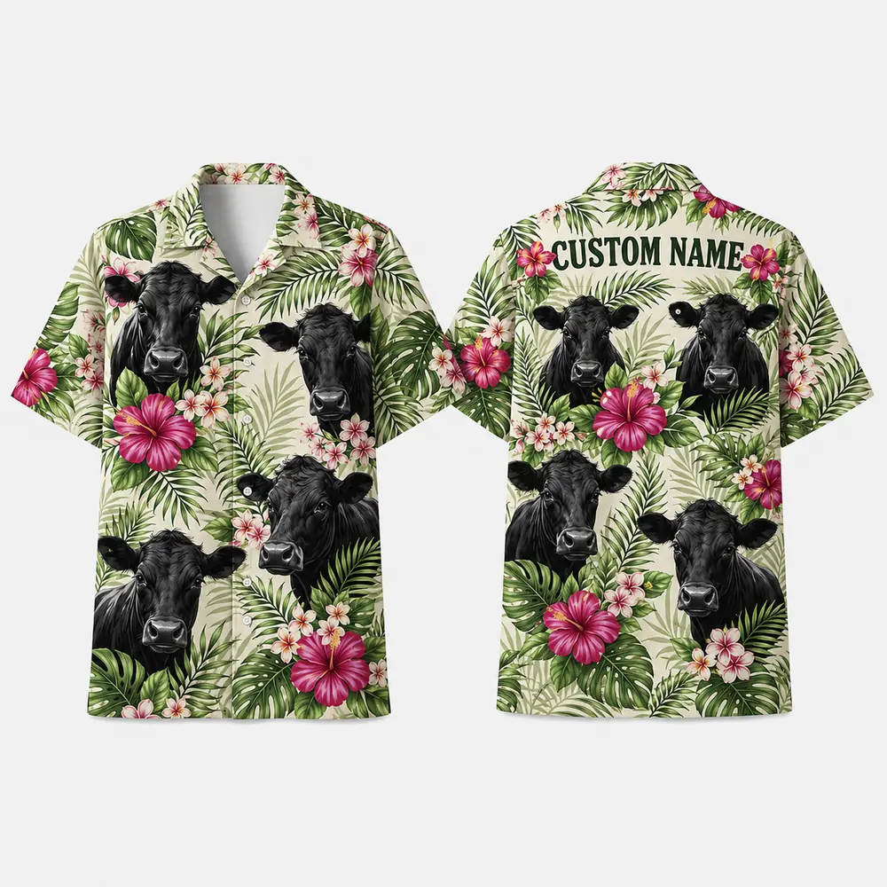 Personalized Cute Cow Floral Hawaiian Shirt For Men And Women, Short Sleeve Funny Farm Animal Island Vacation Print, Custom Name Summer Button Down