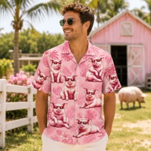 Personalized Cute Pig Pink Hawaiian Shirt For Men And Women, Short Sleeve Funny Farm Animal Summer Print, Custom Name Button Down - View 1