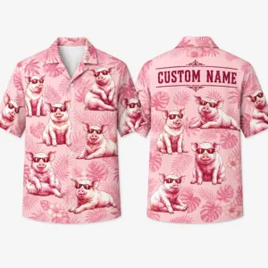 Personalized Cute Pig Pink Hawaiian Shirt For Men And Women, Short Sleeve Funny Farm Animal Summer Print, Custom Name Button Down