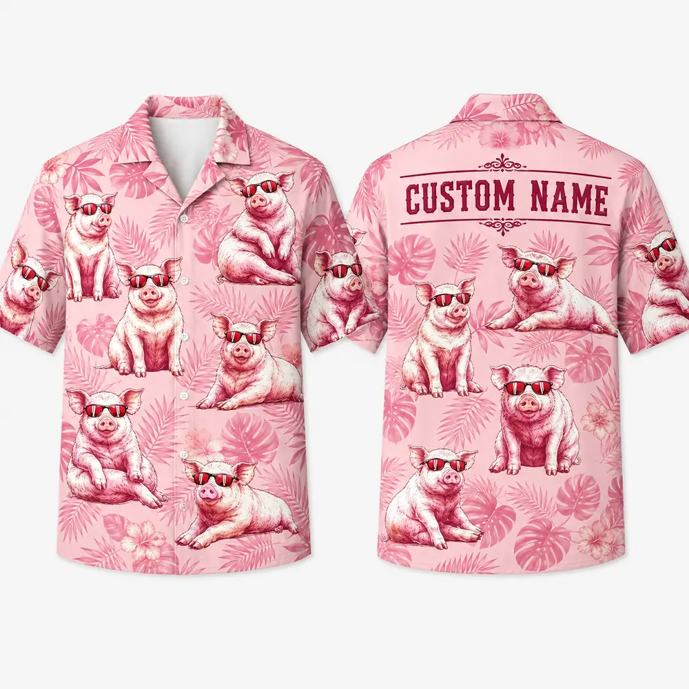 Personalized Cute Pig Pink Hawaiian Shirt For Men And Women, Short Sleeve Funny Farm Animal Summer Print, Custom Name Button Down