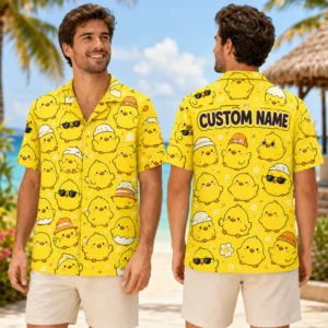 Personalized Cute Yellow Chick Hawaiian Shirt For Men And Women, Short Sleeve Funny Cartoon Bird Summer Print, Custom Name Button Down - View 1
