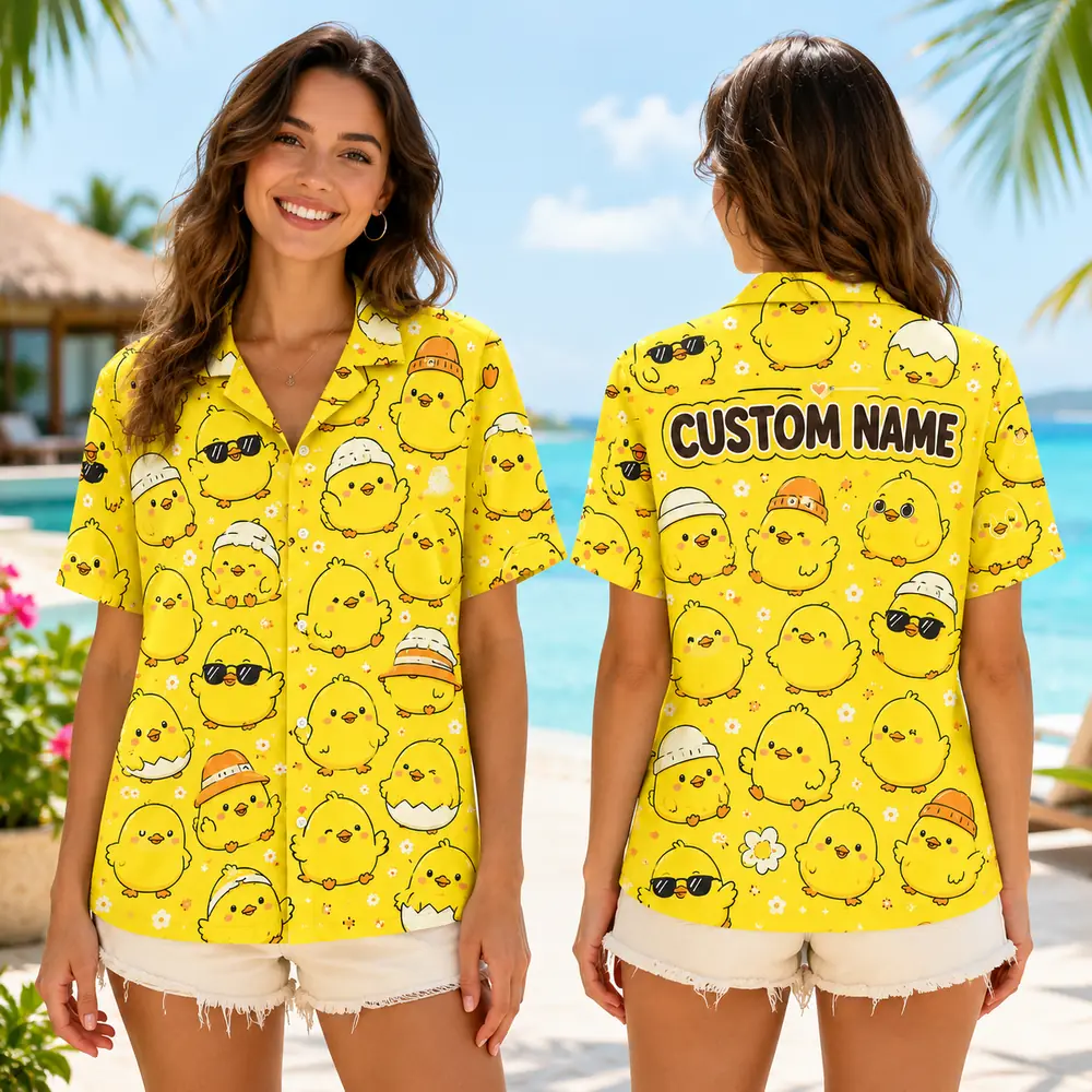 Personalized Cute Yellow Chick Hawaiian Shirt For Men And Women, Short Sleeve Funny Cartoon Bird Summer Print, Custom Name Button Down - View 2
