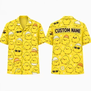 Personalized Cute Yellow Chick Hawaiian Shirt For Men And Women, Short Sleeve Funny Cartoon Bird Summer Print, Custom Name Button Down