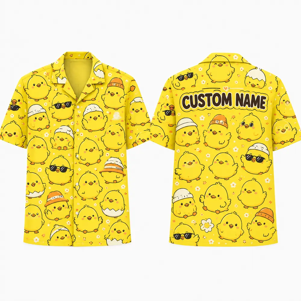 Personalized Cute Yellow Chick Hawaiian Shirt For Men And Women, Short Sleeve Funny Cartoon Bird Summer Print, Custom Name Button Down