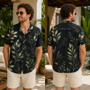 Personalized Dark Botanical Leaf Hawaiian Shirt For Men And Women, Short Sleeve Elegant Tropical Nature Vacation Print, Custom Name Summer Button Down - View 1