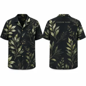 Personalized Dark Botanical Leaf Hawaiian Shirt For Men And Women, Short Sleeve Elegant Tropical Nature Vacation Print, Custom Name Summer Button Down