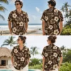 Personalized Dark Brown Floral Hawaiian Shirt For Men And Women, Short Sleeve Vintage Plumeria Island Vacation Print, Custom Name Summer Button Down - View 1