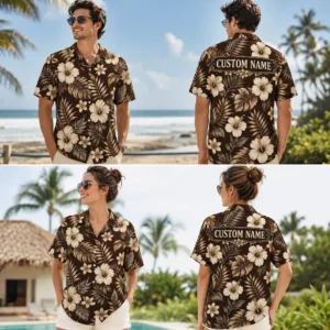 Personalized Dark Brown Floral Hawaiian Shirt For Men And Women, Short Sleeve Vintage Plumeria Island Vacation Print, Custom Name Summer Button Down - View 1