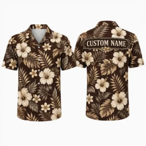 Personalized Dark Brown Floral Hawaiian Shirt For Men And Women, Short Sleeve Vintage Plumeria Island Vacation Print, Custom Name Summer Button Down