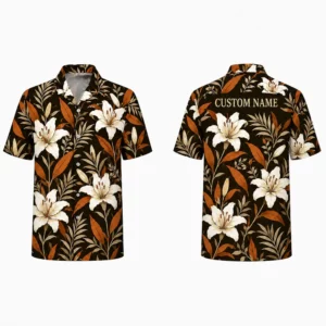 Personalized Dark Brown White Lily Hawaiian Shirt For Men And Women, Short Sleeve Elegant Botanical Resort Print, Custom Name Summer Button Down