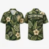 Personalized Dark Green Botanical Hawaiian Shirt For Men And Women, Short Sleeve Elegant Tropical Floral Vacation Print, Custom Name Summer Button Down