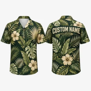 Personalized Dark Green Botanical Hawaiian Shirt For Men And Women, Short Sleeve Elegant Tropical Floral Vacation Print, Custom Name Summer Button Down