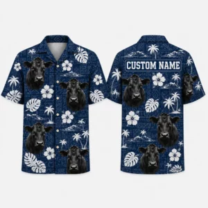 Personalized Dark Navy Cow Floral Hawaiian Shirt For Men And Women, Short Sleeve Funny Farm Animal Island Vacation Print, Custom Name Summer Button Down