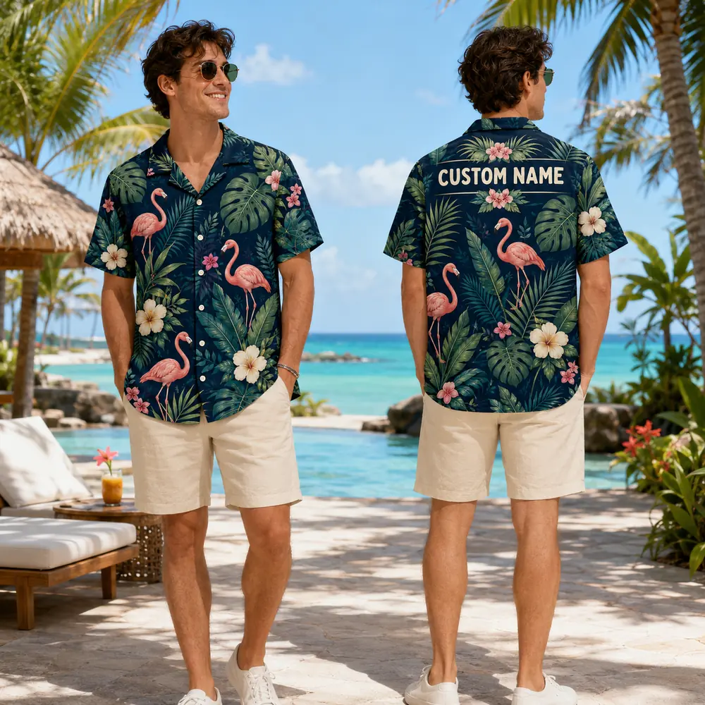 Personalized Dark Teal Flamingo Hawaiian Shirt For Men And Women, Short Sleeve Tropical Night Jungle Print, Custom Name Summer Button Down - View 1