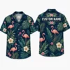 Personalized Dark Teal Flamingo Hawaiian Shirt For Men And Women, Short Sleeve Tropical Night Jungle Print, Custom Name Summer Button Down