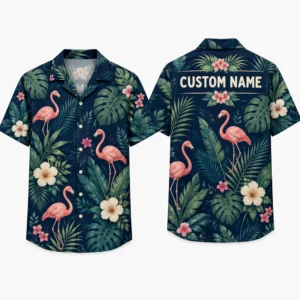 Personalized Dark Teal Flamingo Hawaiian Shirt For Men And Women, Short Sleeve Tropical Night Jungle Print, Custom Name Summer Button Down