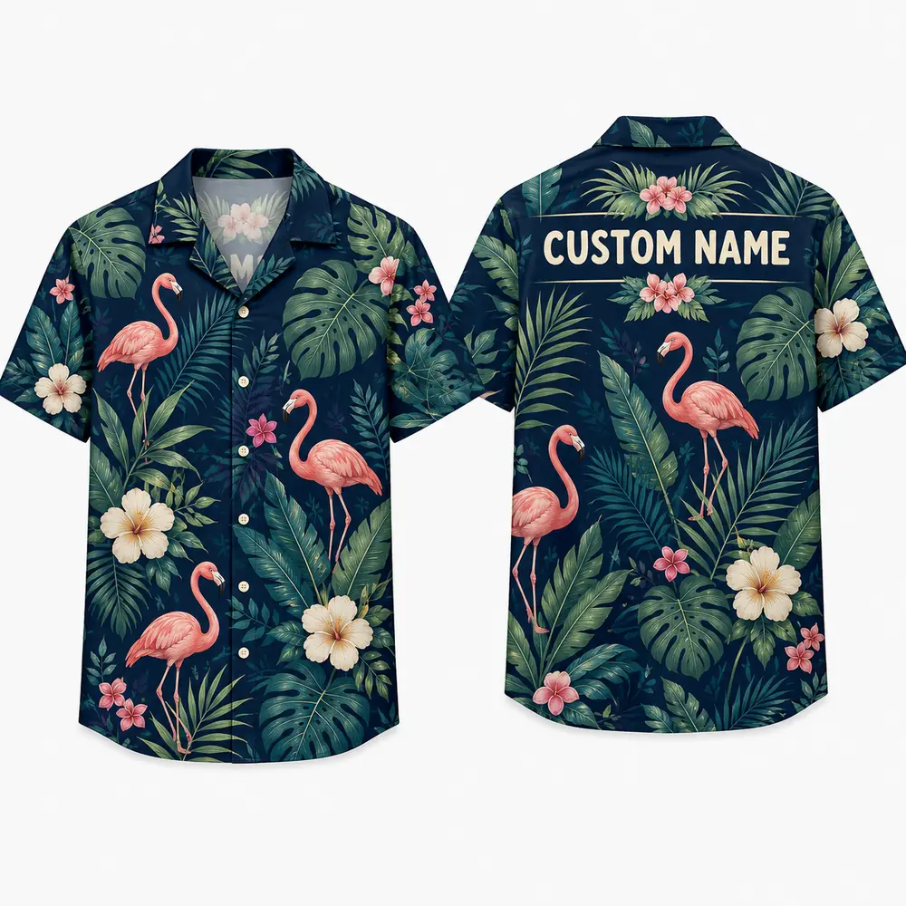 Personalized Dark Teal Flamingo Hawaiian Shirt For Men And Women, Short Sleeve Tropical Night Jungle Print, Custom Name Summer Button Down