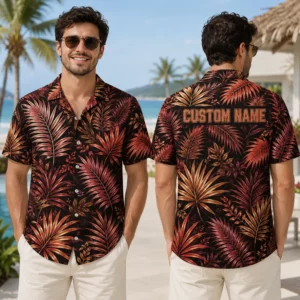 Personalized Dark Tropical Leaf Hawaiian Shirt For Men And Women, Short Sleeve Sunset Tone Vacation Print, Custom Name Summer Button Down - View 1