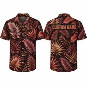 Personalized Dark Tropical Leaf Hawaiian Shirt For Men And Women, Short Sleeve Sunset Tone Vacation Print, Custom Name Summer Button Down