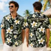 Personalized Dark Tropical Plumeria Hawaiian Shirt For Men And Women, Short Sleeve Sophisticated Botanical Island Vacation Print, Custom Name Summer Button Down - View 1