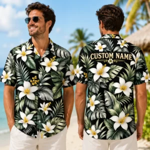 Personalized Dark Tropical Plumeria Hawaiian Shirt For Men And Women, Short Sleeve Sophisticated Botanical Island Vacation Print, Custom Name Summer Button Down - View 1