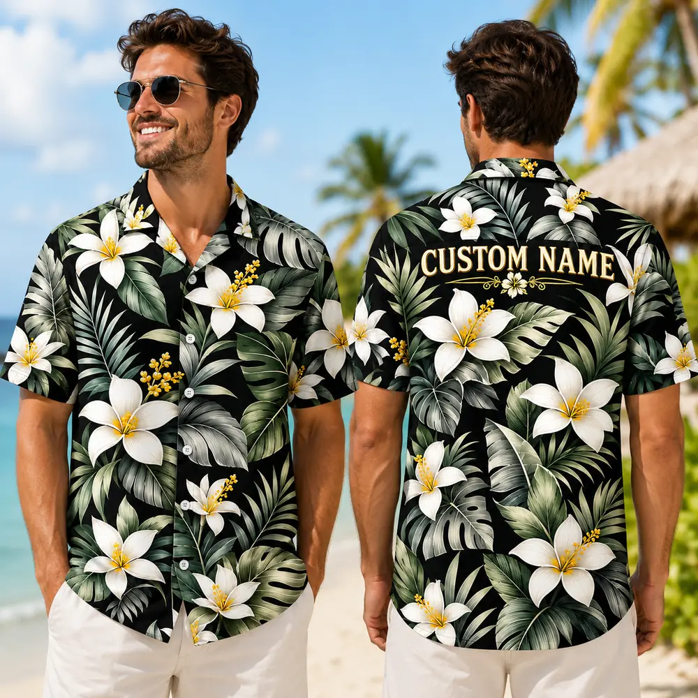 Personalized Dark Tropical Plumeria Hawaiian Shirt For Men And Women, Short Sleeve Sophisticated Botanical Island Vacation Print, Custom Name Summer Button Down - View 1