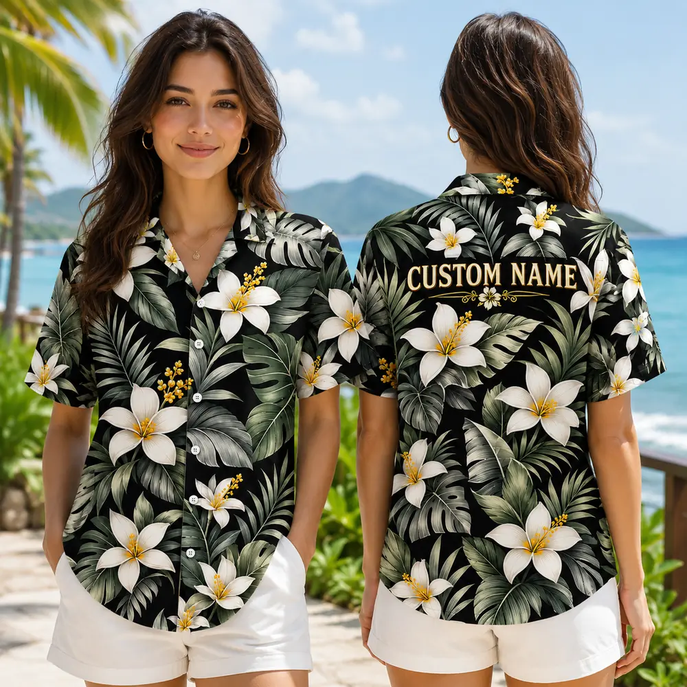Personalized Dark Tropical Plumeria Hawaiian Shirt For Men And Women, Short Sleeve Sophisticated Botanical Island Vacation Print, Custom Name Summer Button Down - View 2