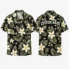 Personalized Dark Tropical Plumeria Hawaiian Shirt For Men And Women, Short Sleeve Sophisticated Botanical Island Vacation Print, Custom Name Summer Button Down