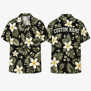 Personalized Dark Tropical Plumeria Hawaiian Shirt For Men And Women, Short Sleeve Sophisticated Botanical Island Vacation Print, Custom Name Summer Button Down