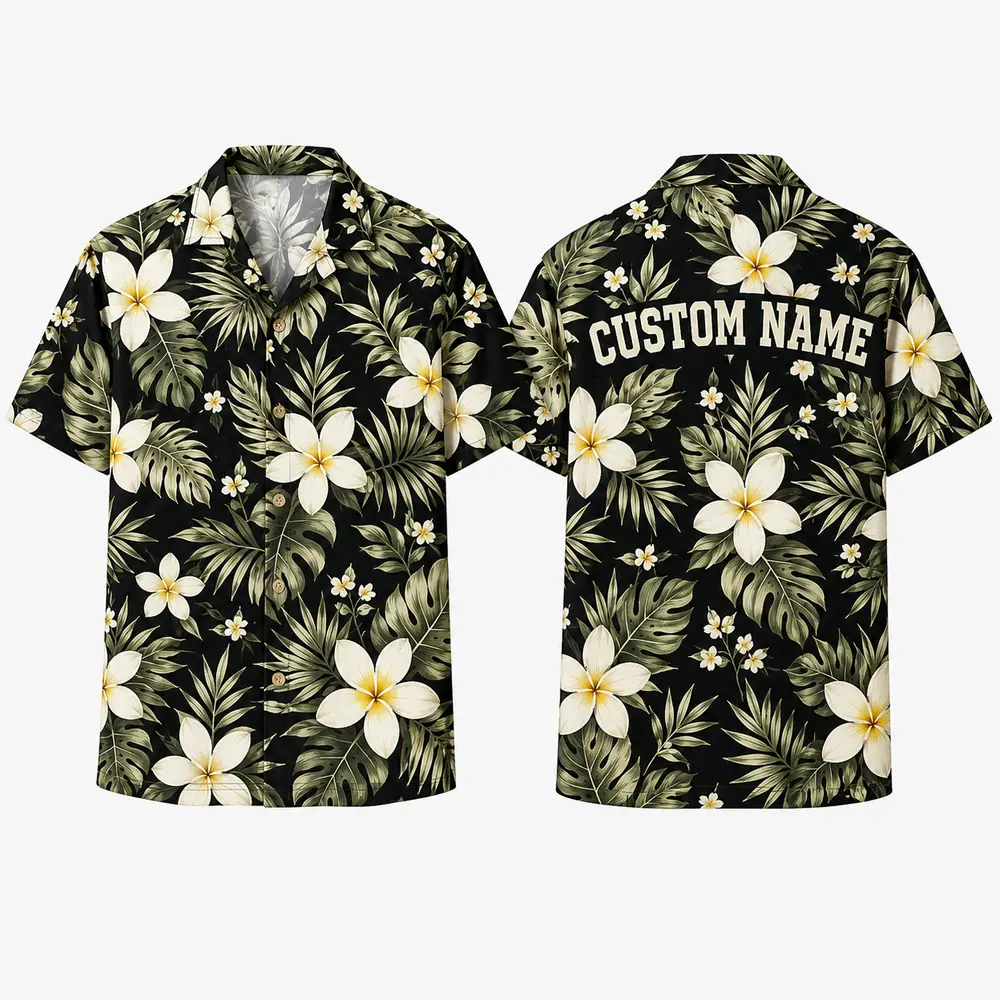 Personalized Dark Tropical Plumeria Hawaiian Shirt For Men And Women, Short Sleeve Sophisticated Botanical Island Vacation Print, Custom Name Summer Button Down
