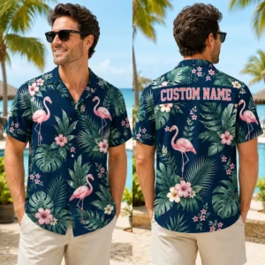 Personalized Deep Green Flamingo Hawaiian Shirt For Men And Women, Short Sleeve Tropical Jungle Vacation Print, Custom Name Summer Button Down - View 1