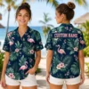 Personalized Deep Green Flamingo Hawaiian Shirt For Men And Women, Short Sleeve Tropical Jungle Vacation Print, Custom Name Summer Button Down - View 2