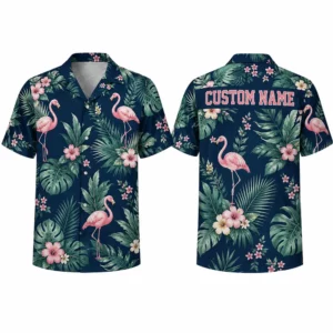 Personalized Deep Green Flamingo Hawaiian Shirt For Men And Women, Short Sleeve Tropical Jungle Vacation Print, Custom Name Summer Button Down