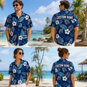Personalized Deep Navy Tropical Hibiscus Hawaiian Shirt For Men And Women, Short Sleeve Elegant Island Vacation Print, Custom Name Summer Button Down - View 1