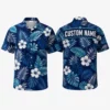 Personalized Deep Navy Tropical Hibiscus Hawaiian Shirt For Men And Women, Short Sleeve Elegant Island Vacation Print, Custom Name Summer Button Down