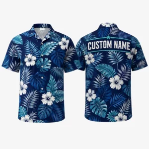 Personalized Deep Navy Tropical Hibiscus Hawaiian Shirt For Men And Women, Short Sleeve Elegant Island Vacation Print, Custom Name Summer Button Down