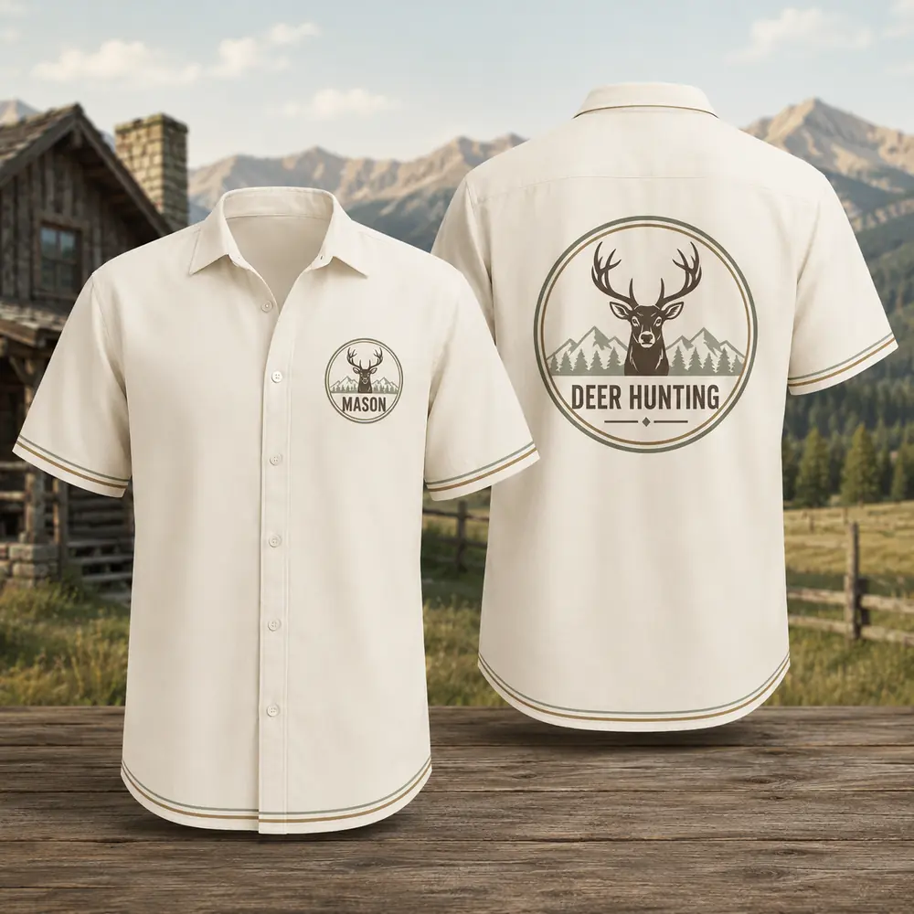 Personalized Deer Hunting Hawaiian Shirt For Men And Women, Short Sleeve Rustic Wilderness Print, Custom Name Summer Button Down - Style 10