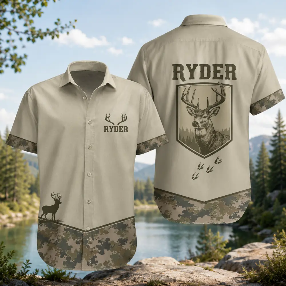 Personalized Deer Hunting Hawaiian Shirt For Men And Women, Short Sleeve Rustic Wilderness Print, Custom Name Summer Button Down - Style 3