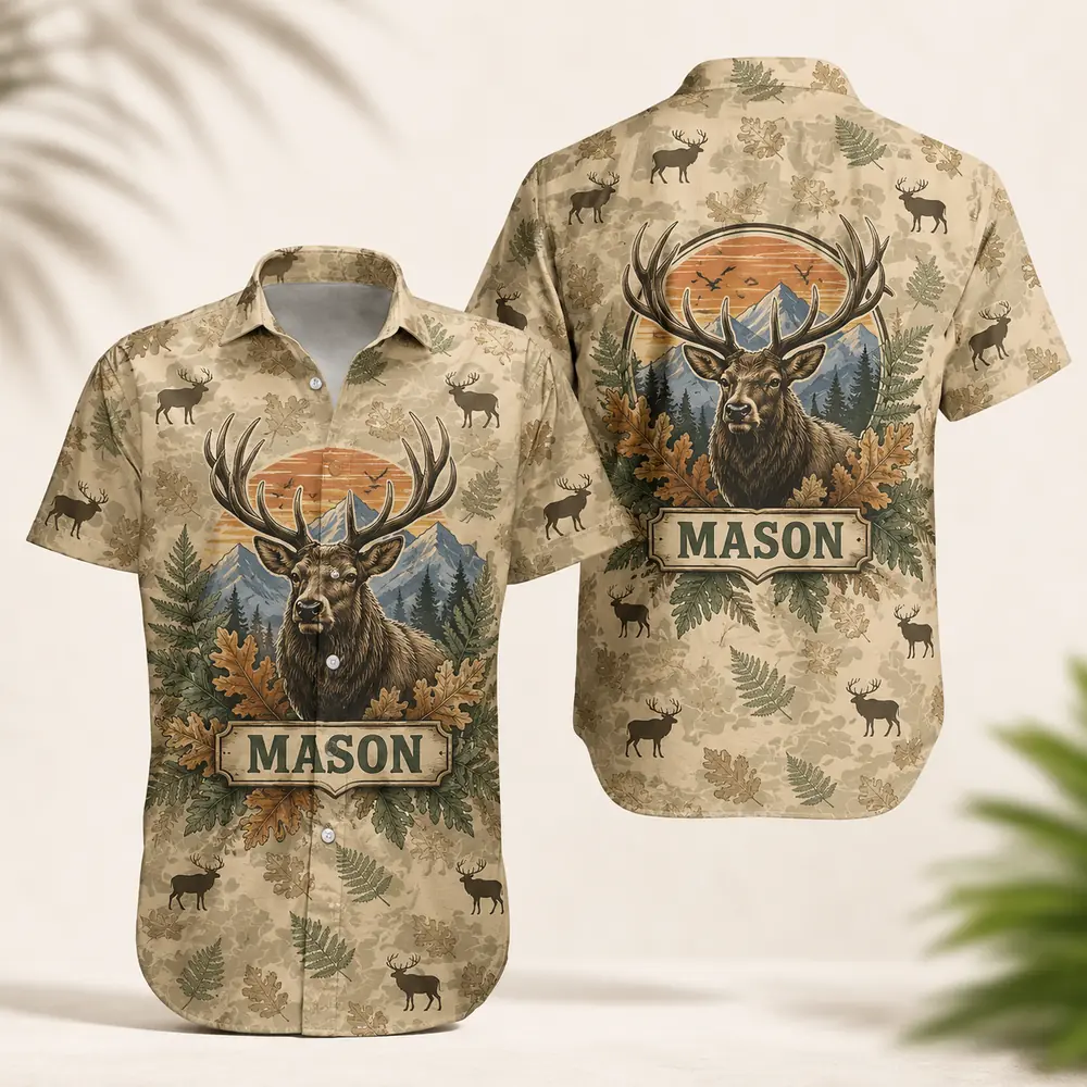 Personalized Deer Hunting Hawaiian Shirt For Men And Women, Short Sleeve Scenic Nature Print, Custom Name Summer Button Down - Style 3