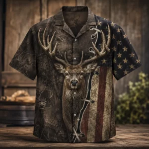 Personalized Deer Hunting Hawaiian Shirt For Men, Short Sleeve American Flag Wildlife Print, Custom Name Summer Button Down - Style 1