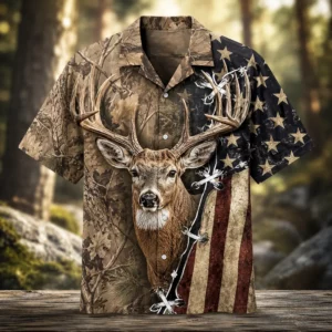Personalized Deer Hunting Hawaiian Shirt For Men, Short Sleeve American Flag Wildlife Print, Custom Name Summer Button Down - Style 2