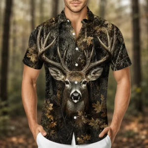 Personalized Deer Hunting Hawaiian Shirt For Men, Short Sleeve Dark Forest Camo Print, Custom Name Summer Button Down - Style 1
