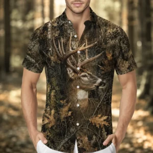 Personalized Deer Hunting Hawaiian Shirt For Men, Short Sleeve Dark Forest Camo Print, Custom Name Summer Button Down - Style 2