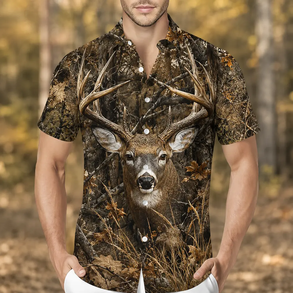 Personalized Deer Hunting Hawaiian Shirt For Men, Short Sleeve Dark Forest Camo Print, Custom Name Summer Button Down - Style 3