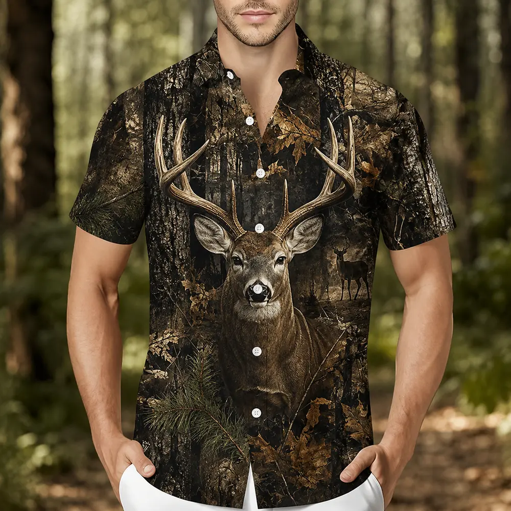 Personalized Deer Hunting Hawaiian Shirt For Men, Short Sleeve Dark Forest Camo Print, Custom Name Summer Button Down - Style 4